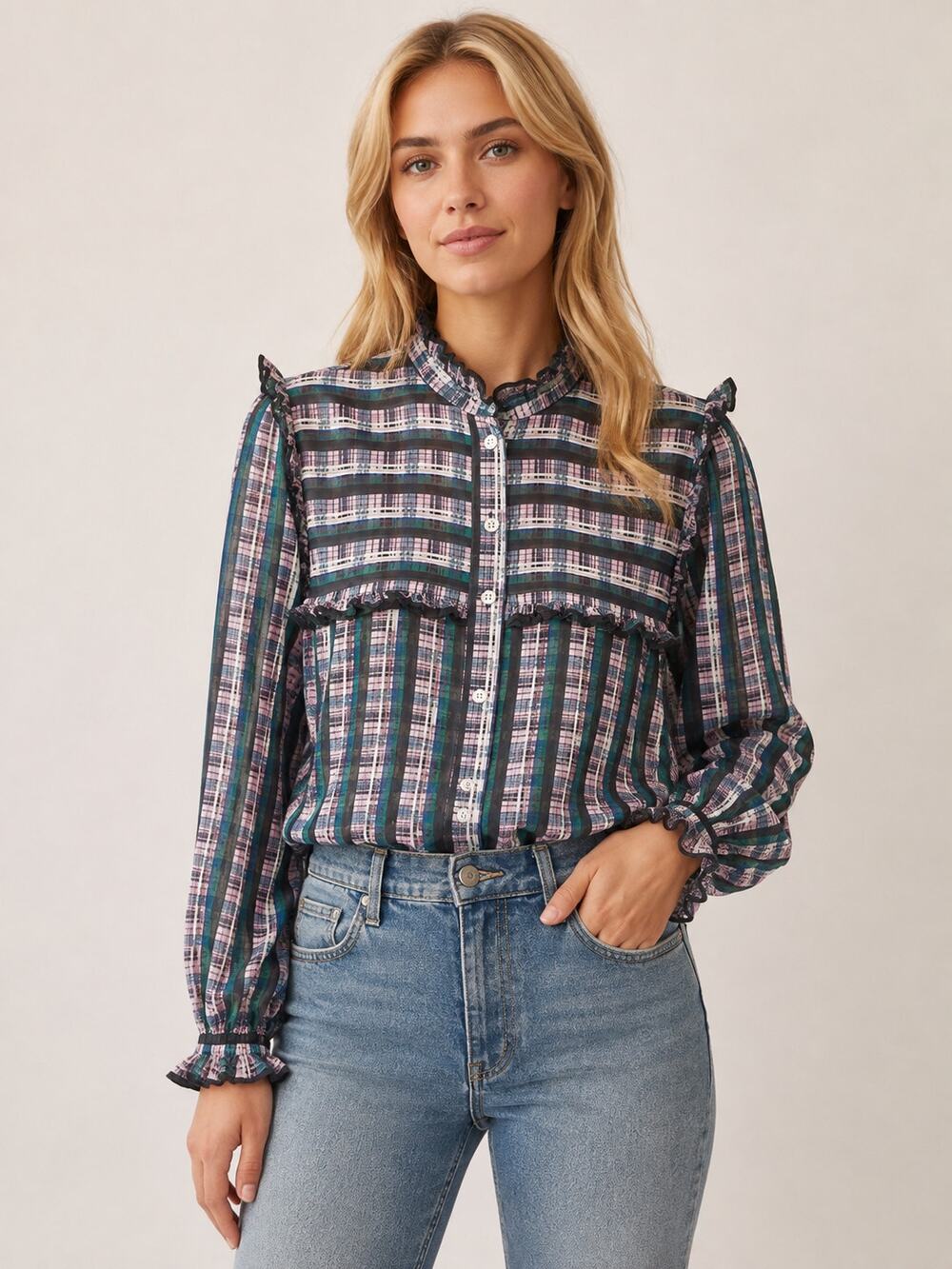 Jason Wu SZ 6 Striped Plaid Ruffle Blouse Cactus Rose Multi As Seen On TV $450
